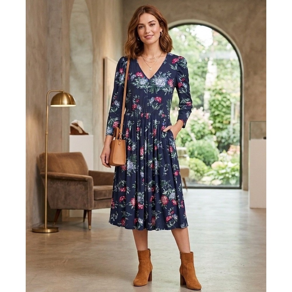 Banana Republic Floral Midi‎ Dress Womens Medium Navy Blue V-Neck Cottagecore